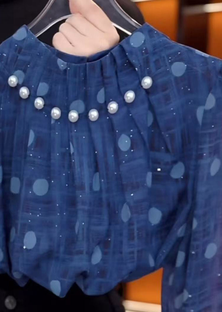 Unique Blue Stand Collar Nail Bead Chiffon Shirts Fall