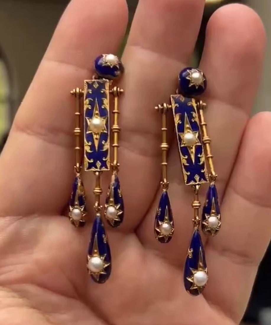 Unique Blue Sterling Silver Overgild Cloisonne Eight-Pointed Star Pearl Tassel Drop Earring