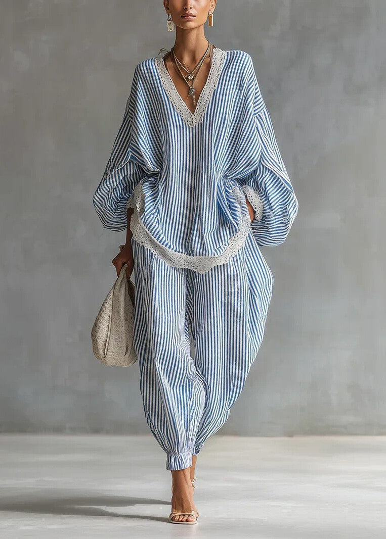 Unique Blue Striped Oversized Patchwork Lace Two Pieces Set Fall