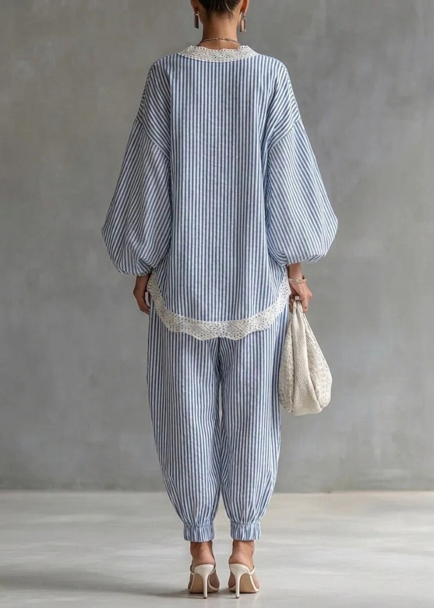 Unique Blue Striped Oversized Patchwork Lace Two Pieces Set Fall