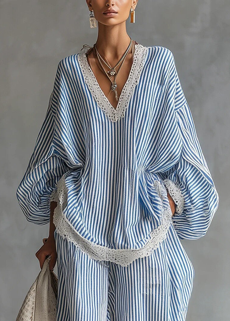 Unique Blue Striped Oversized Patchwork Lace Two Pieces Set Fall