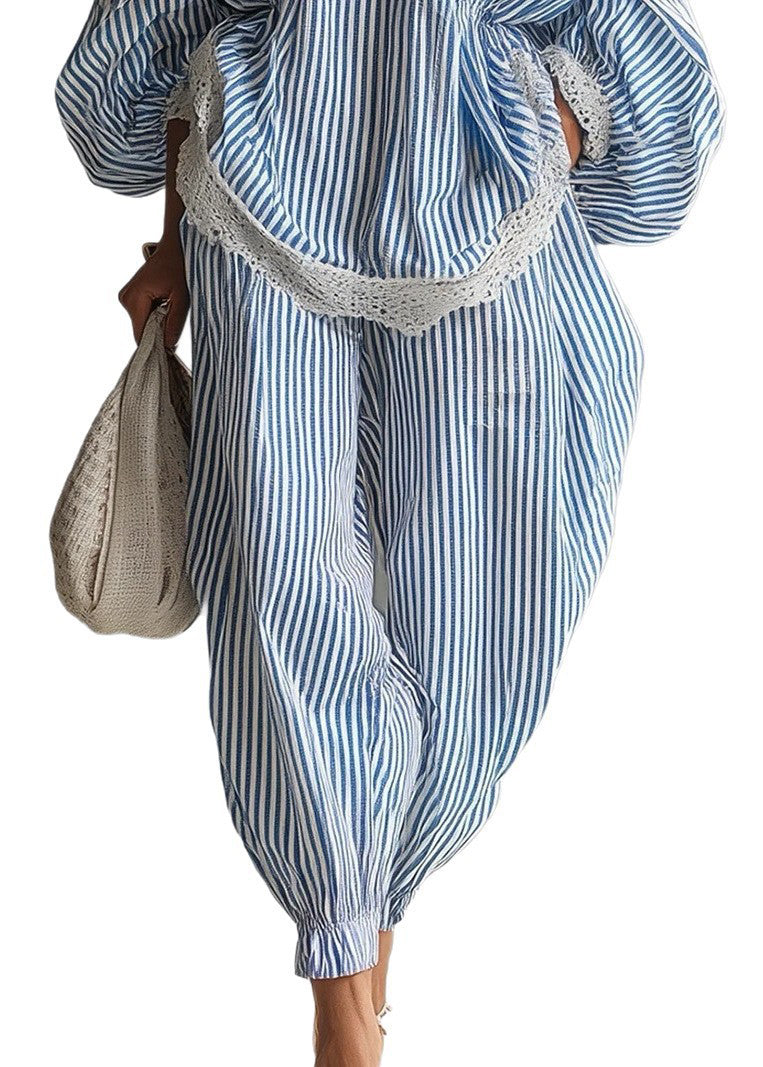 Unique Blue Striped Oversized Patchwork Lace Two Pieces Set Fall