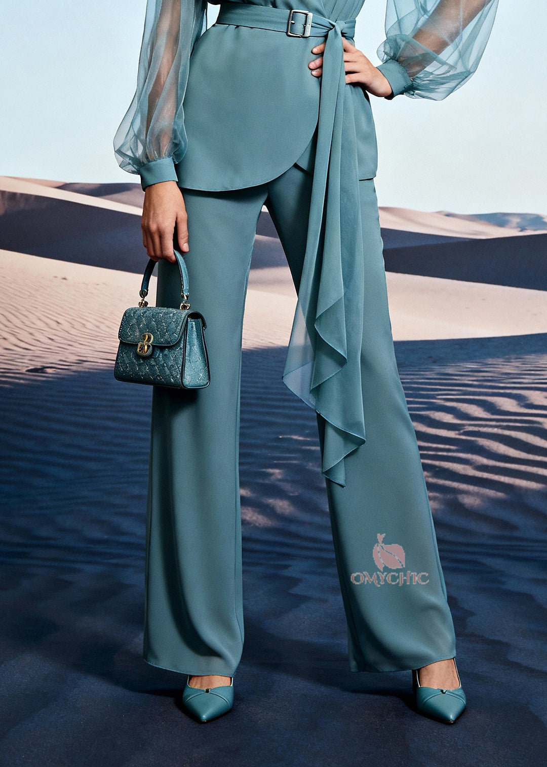 Unique Blue Tulle Patchwork Shirts And Wide Leg Pants Two Pieces Set Lantern Sleeve