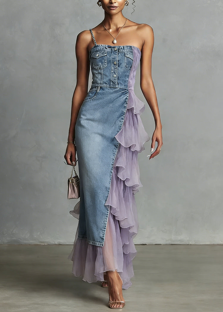 Unique Blue Tulle Ruffled Patchwork Denim Spaghetti Strap Dress Summer - Omychic