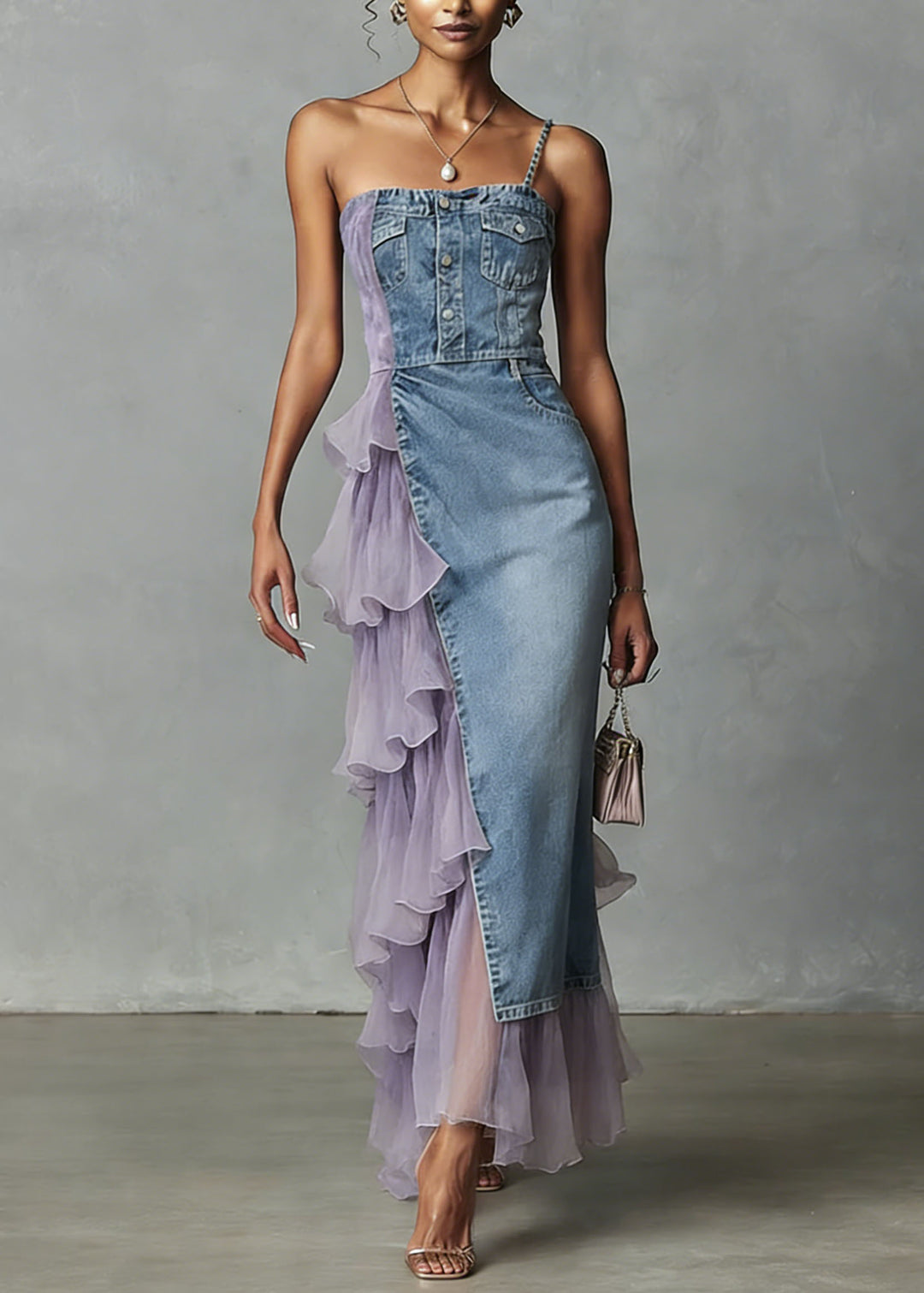 Unique Blue Tulle Ruffled Patchwork Denim Spaghetti Strap Dress Summer - Omychic