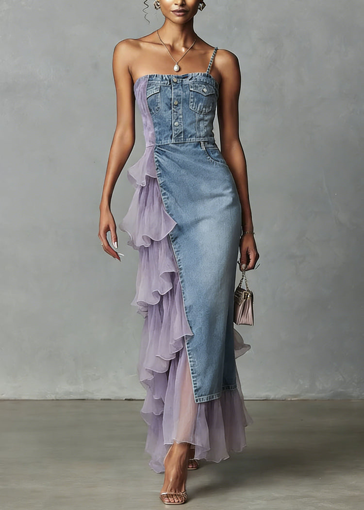 Unique Blue Tulle Ruffled Patchwork Denim Spaghetti Strap Dress Summer - Omychic