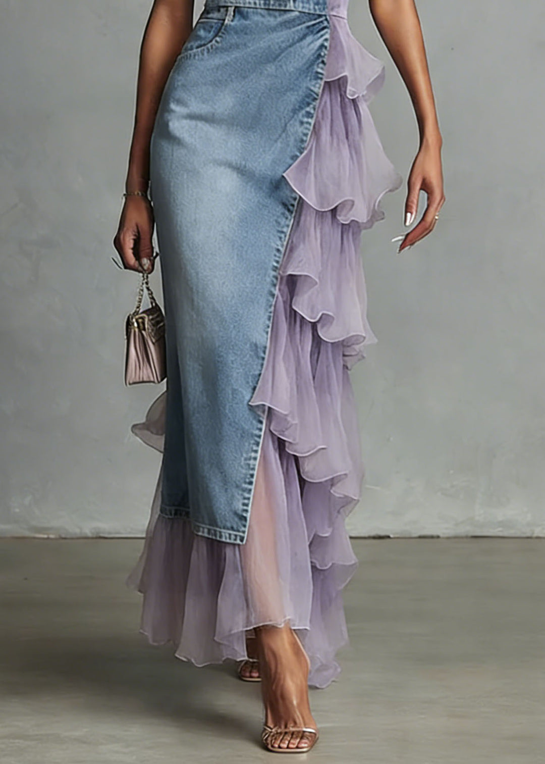 Unique Blue Tulle Ruffled Patchwork Denim Spaghetti Strap Dress Summer - Omychic