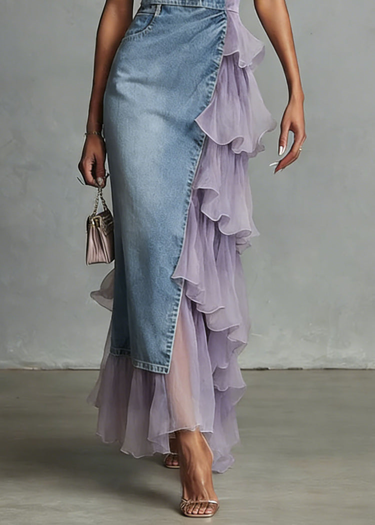 Unique Blue Tulle Ruffled Patchwork Denim Spaghetti Strap Dress Summer - Omychic