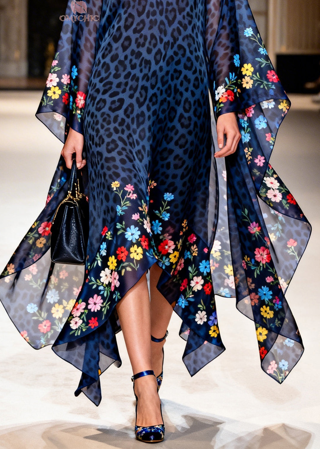 Unique Blue V Neck Asymmetrical Design Print Chiffon Dress Summer