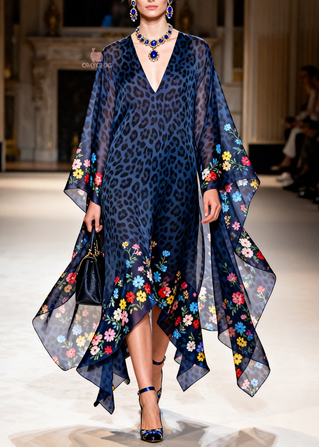 Unique Blue V Neck Asymmetrical Design Print Chiffon Dress Summer