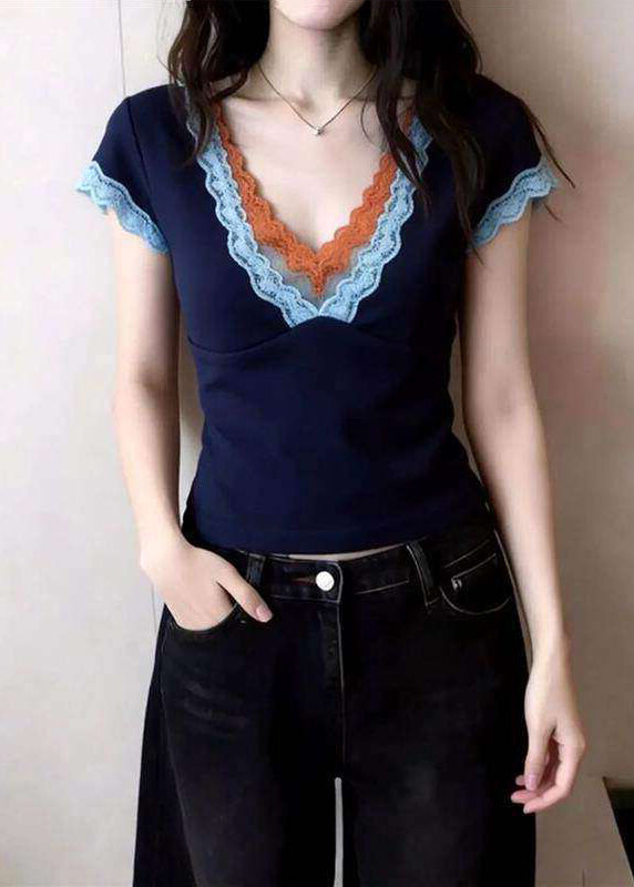 Unique Blue V Neck Patchwork T Shirt Summer