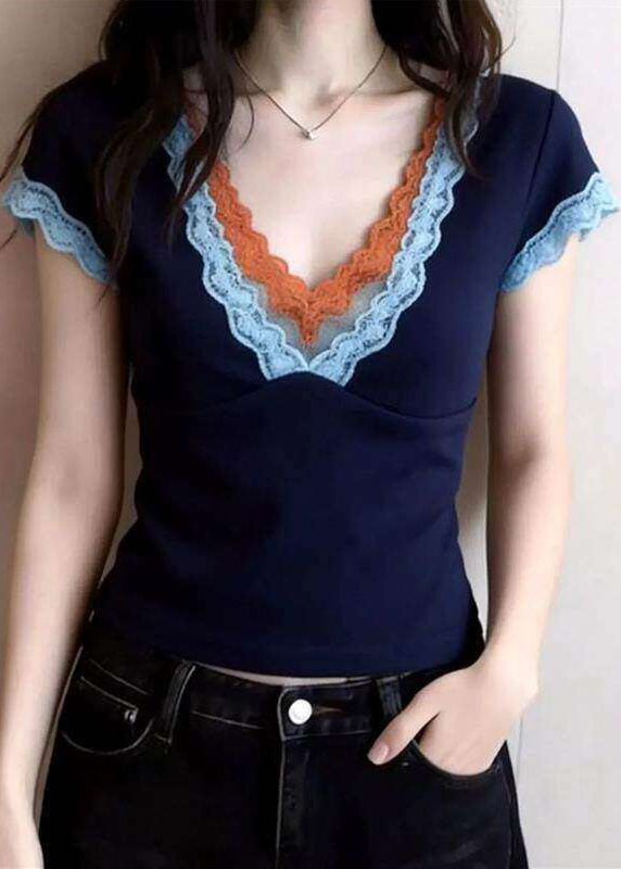 Unique Blue V Neck Patchwork T Shirt Summer