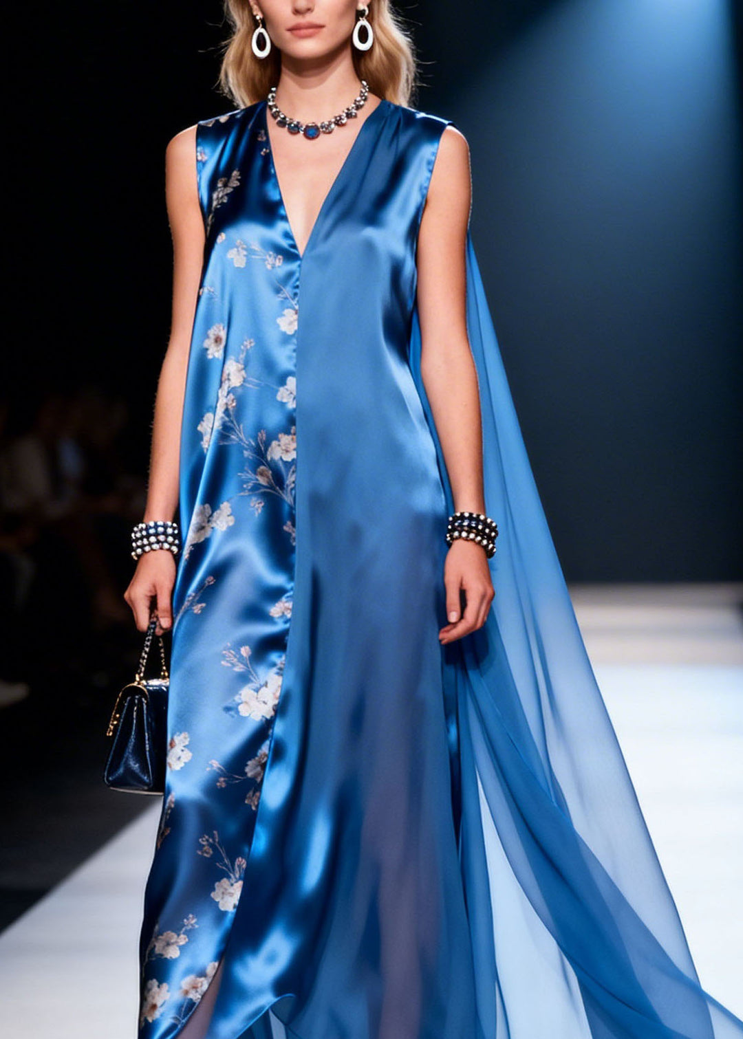 Unique Blue V Neck Print Asymmetrical Patchwork Silk Dress Summer