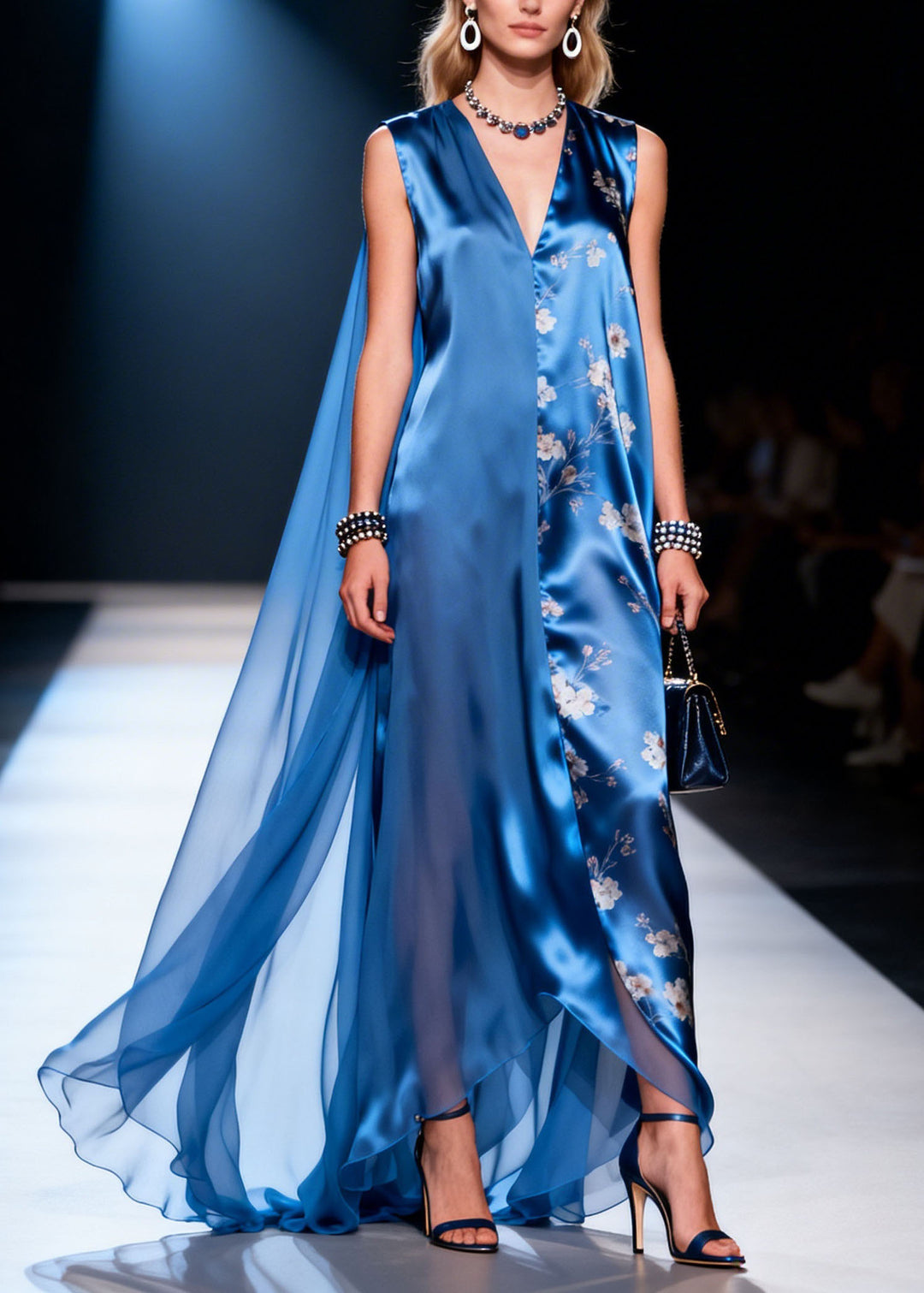 Unique Blue V Neck Print Asymmetrical Patchwork Silk Dress Summer