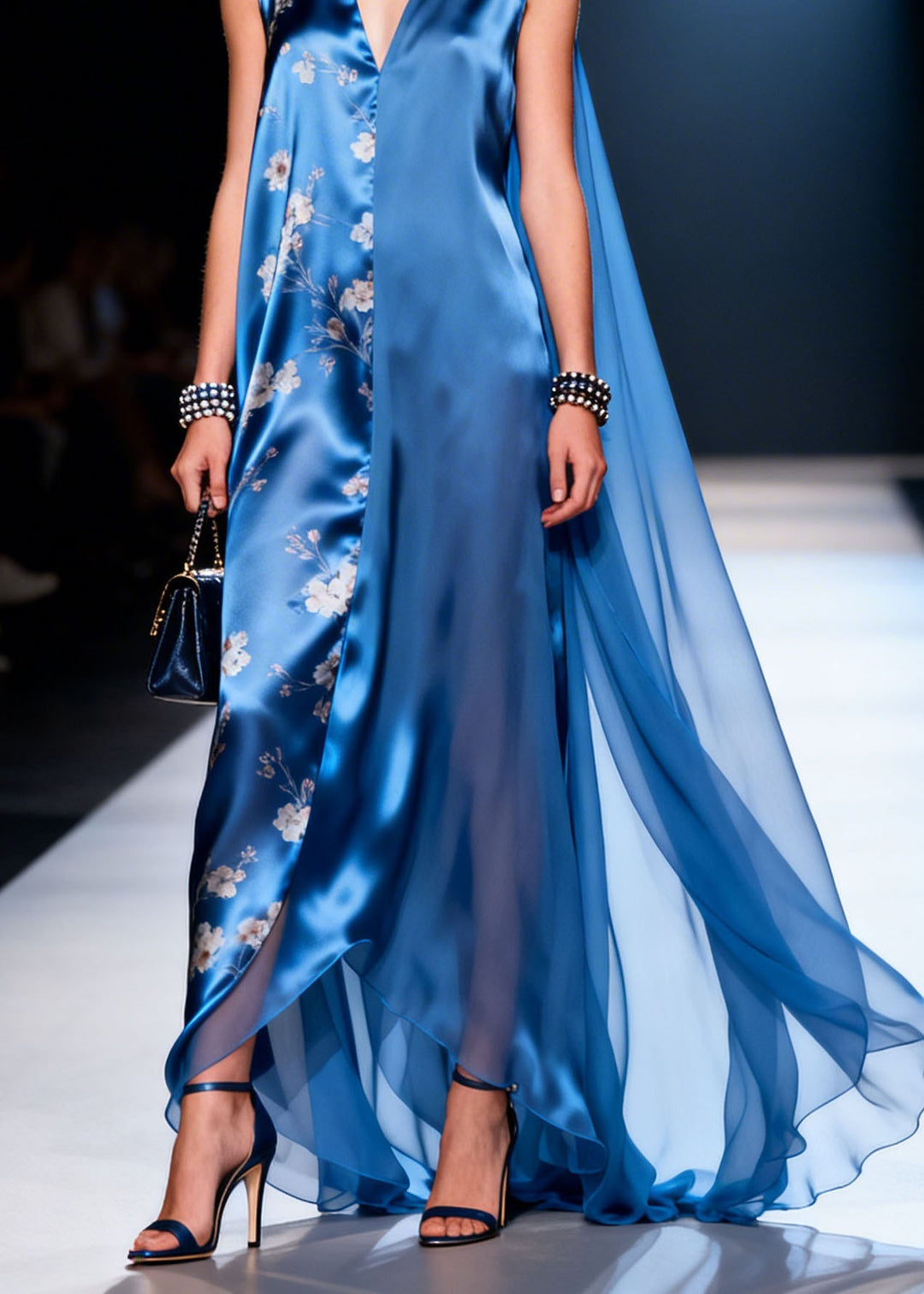 Unique Blue V Neck Print Asymmetrical Patchwork Silk Dress Summer