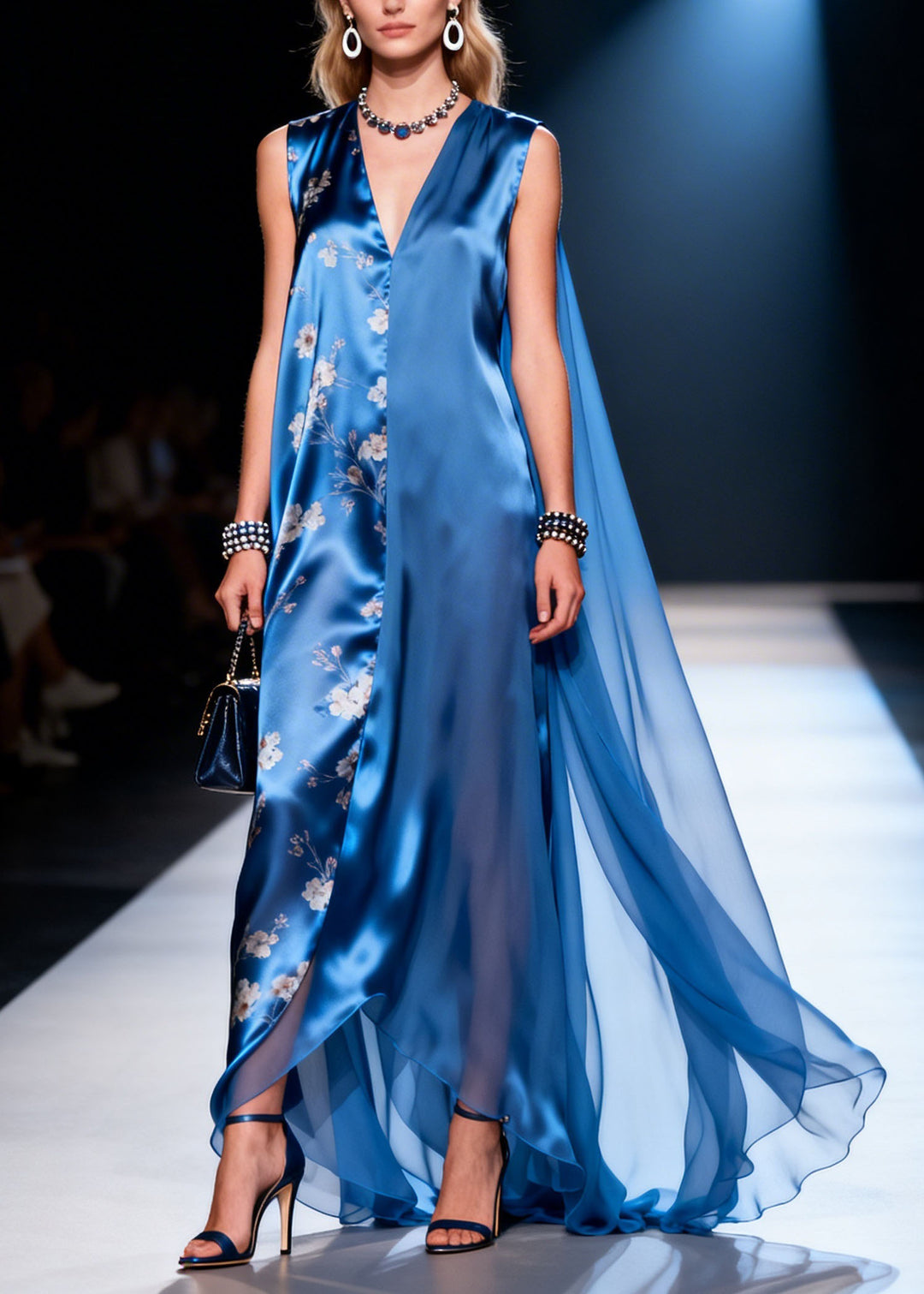 Unique Blue V Neck Print Asymmetrical Patchwork Silk Dress Summer