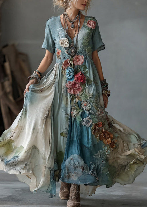 Unique Blue V Neck Tie Dye Floral Cotton Maxi Dress Summer