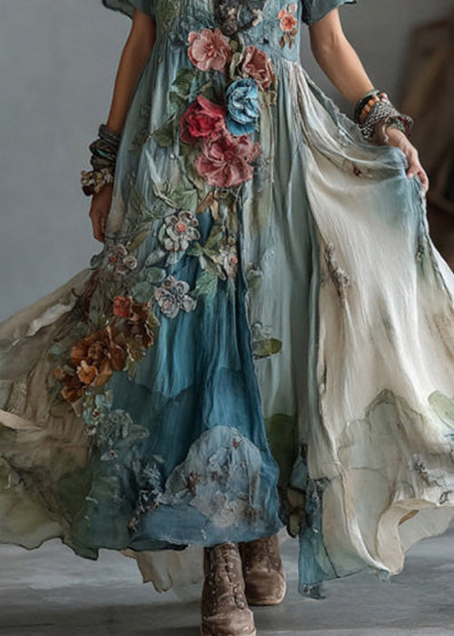 Unique Blue V Neck Tie Dye Floral Cotton Maxi Dress Summer