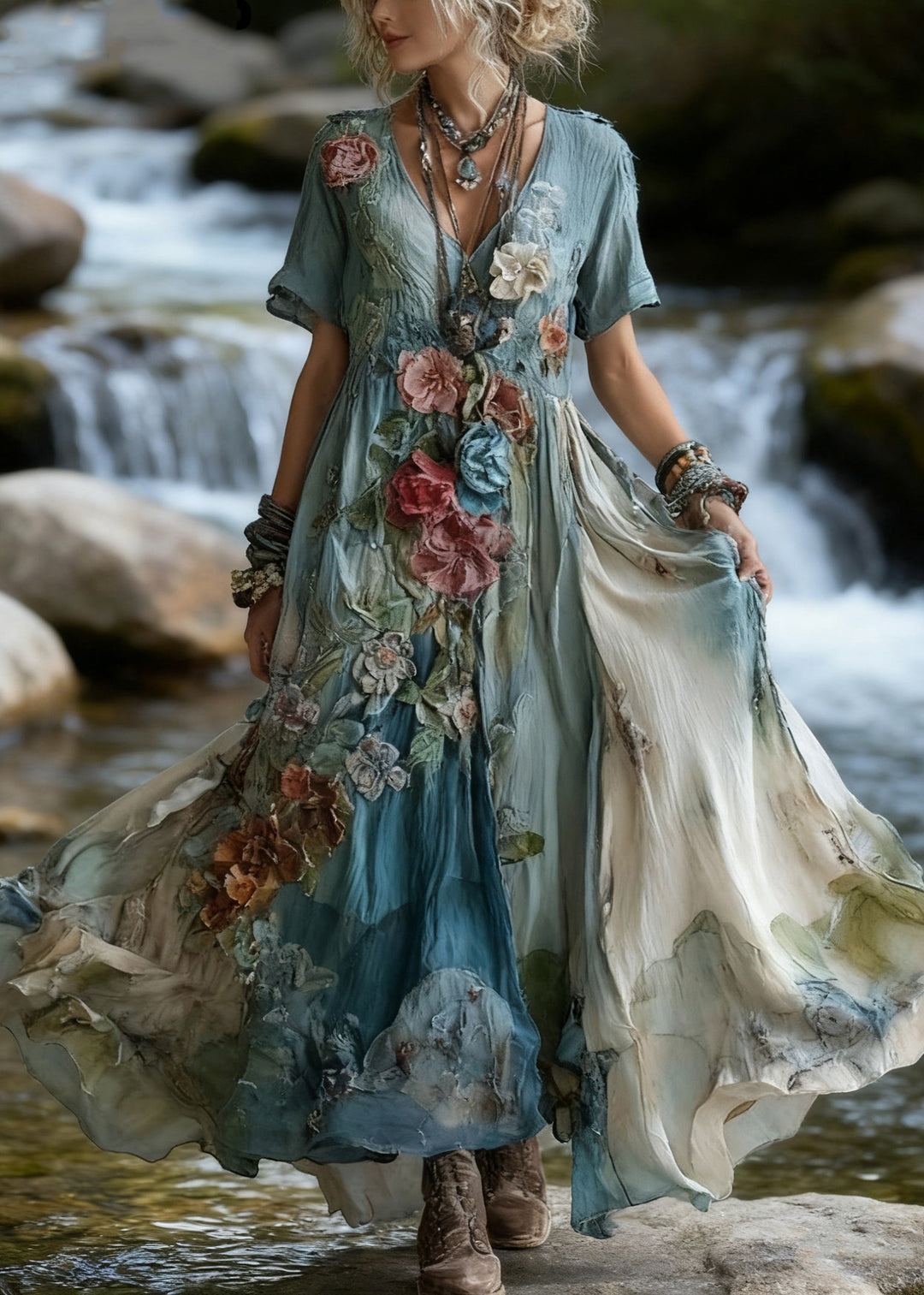 Unique Blue V Neck Tie Dye Floral Cotton Maxi Dress Summer