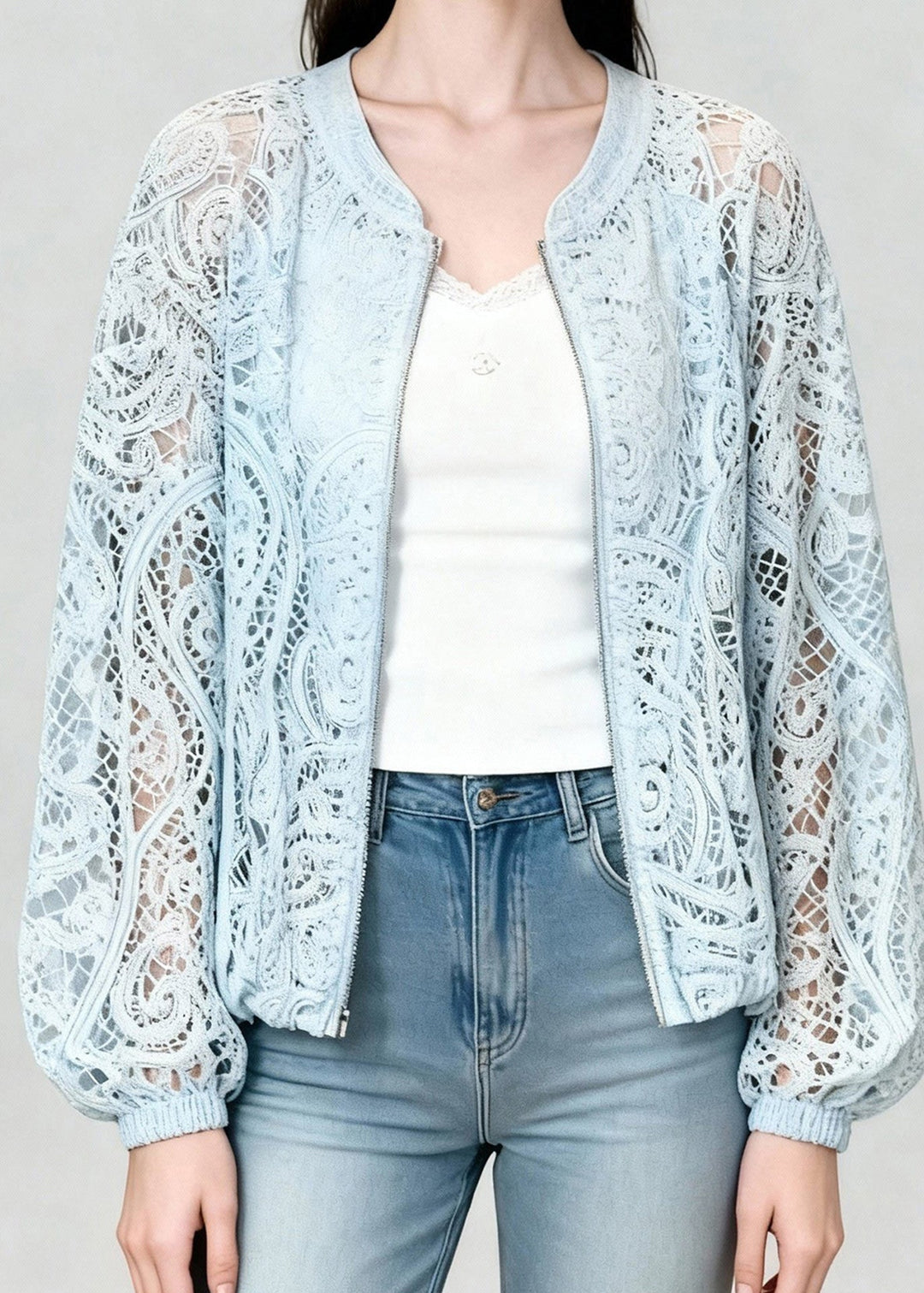 Unique Blue Zip Up Lace UPF 50+ Coat Jacket Summer
