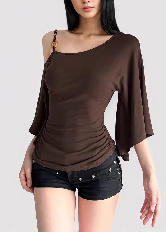 Unique Brown Cold Shoulder Cotton T Shirt Top Batwing Sleeve