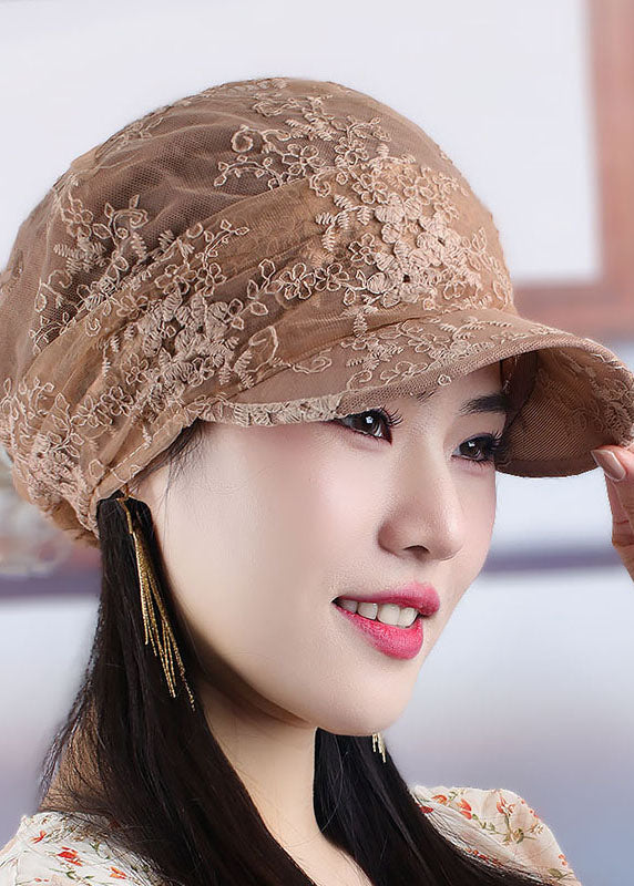 Unique Brown Hollow Out Embroidery Floral Knitted Cotton Baseball Cap Hat
