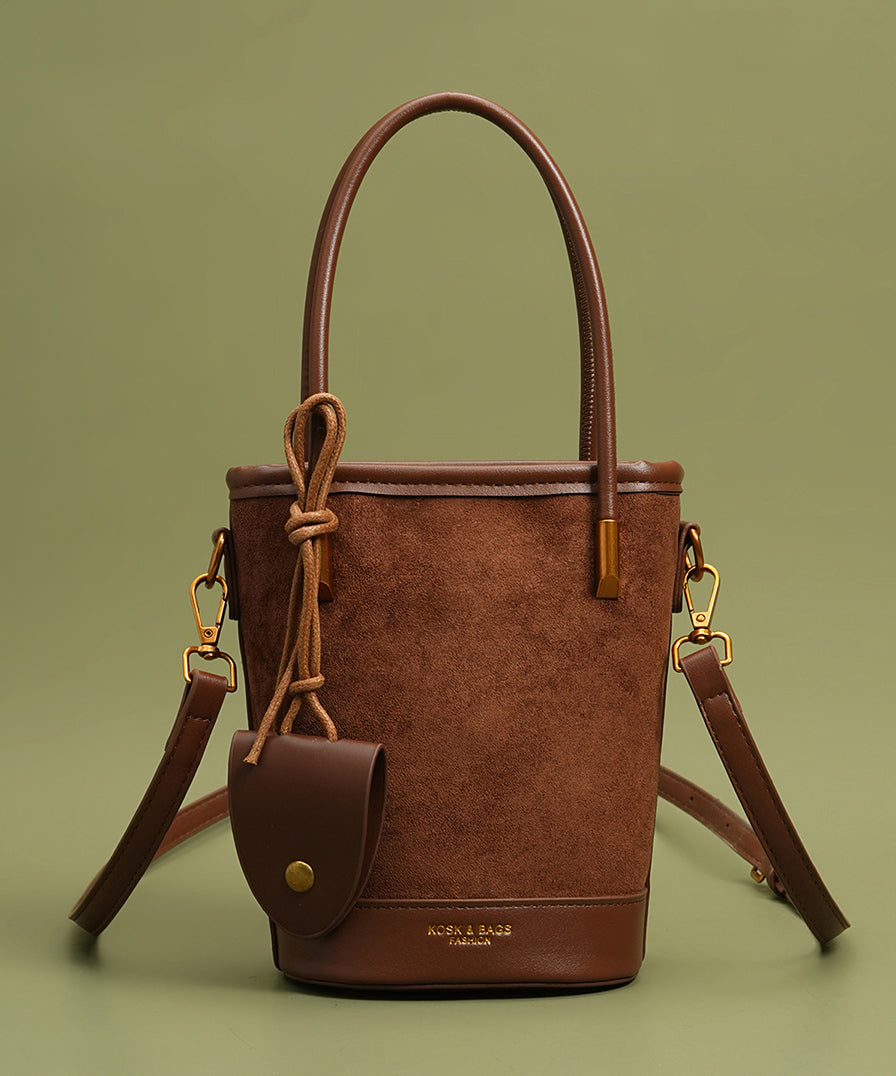 Unique Brown Large Capacity Patchwork Faux Leather Bucket Bag