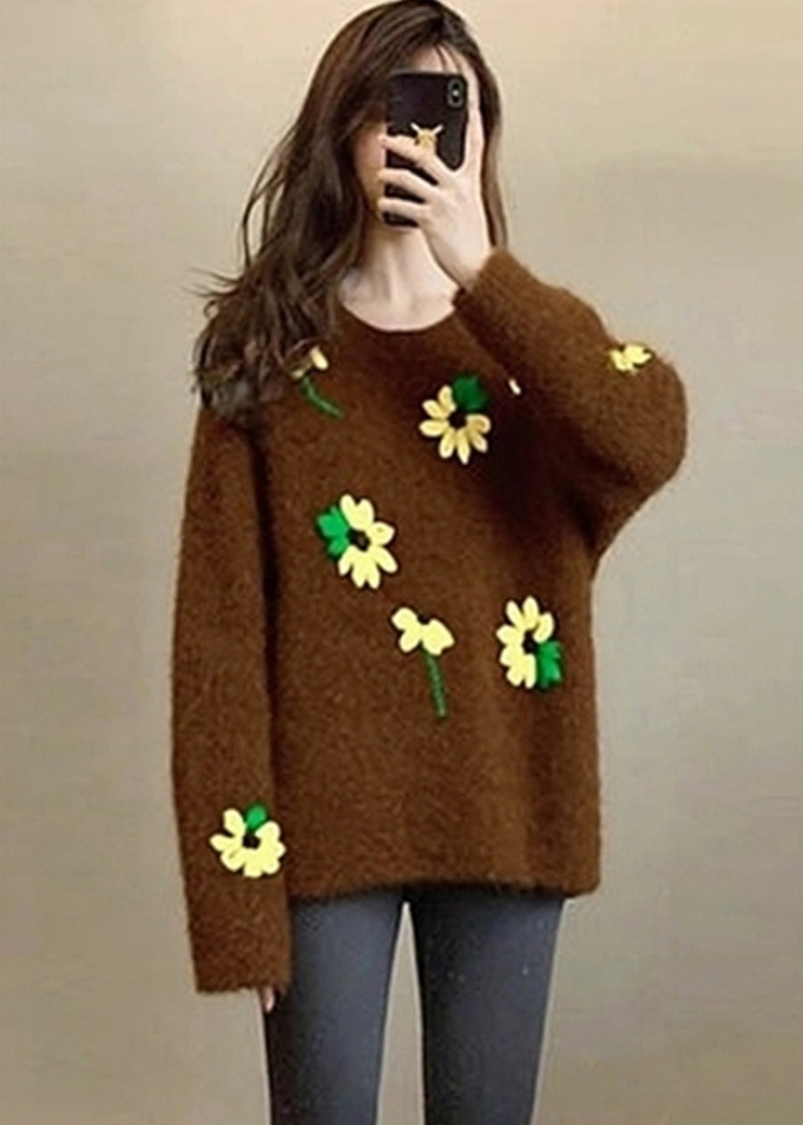 Unique Brown Oversized Floral Lace Knit Sweater Tops Winter