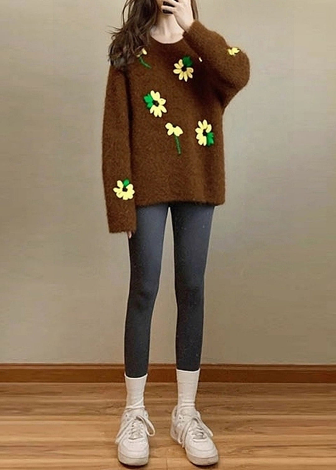 Unique Brown Oversized Floral Lace Knit Sweater Tops Winter