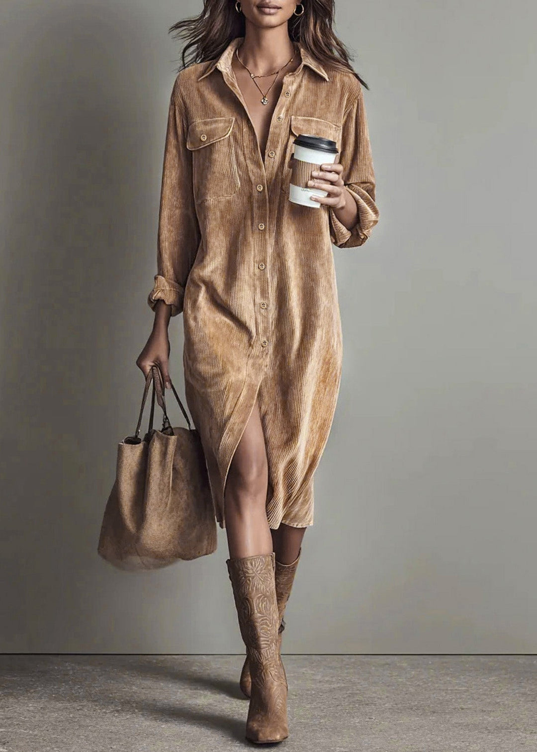 Unique Brown Peter Pan Collar Corduroy Shirts Dress Spring