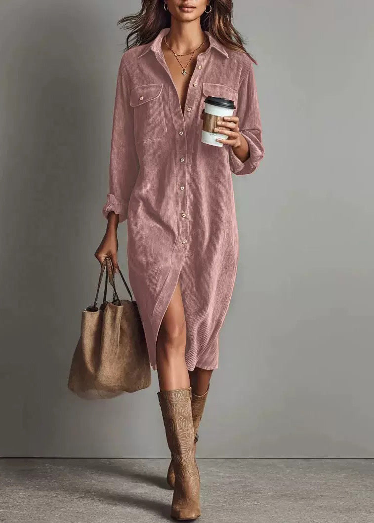 Unique Brown Peter Pan Collar Corduroy Shirts Dress Spring