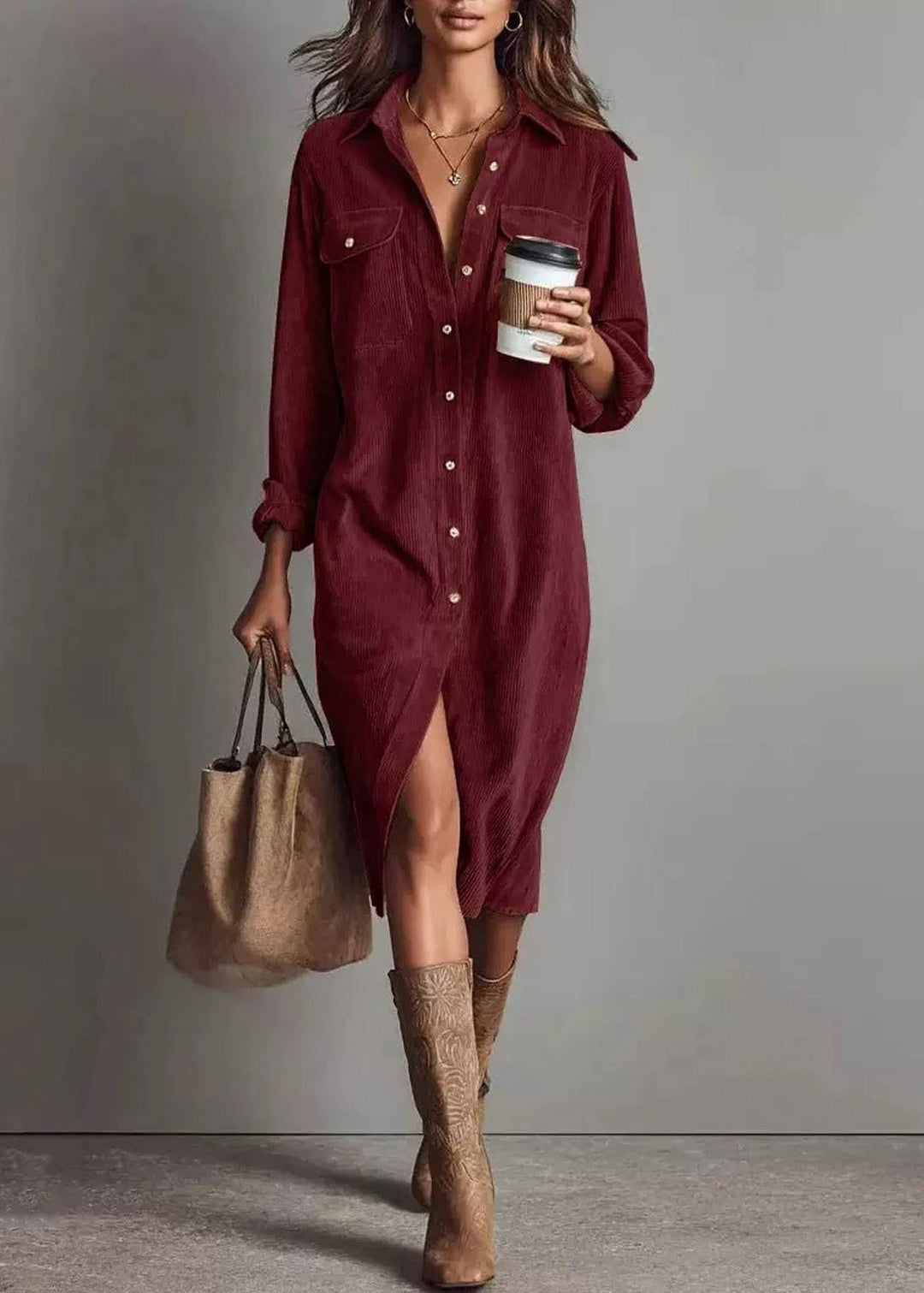 Unique Brown Peter Pan Collar Corduroy Shirts Dress Spring
