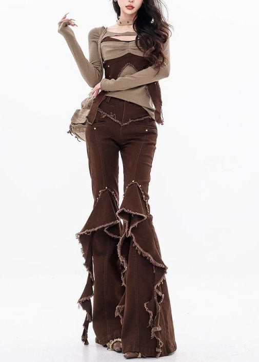 Unique Brown Tassel Ruffled Patchwork Denim Pants Fall