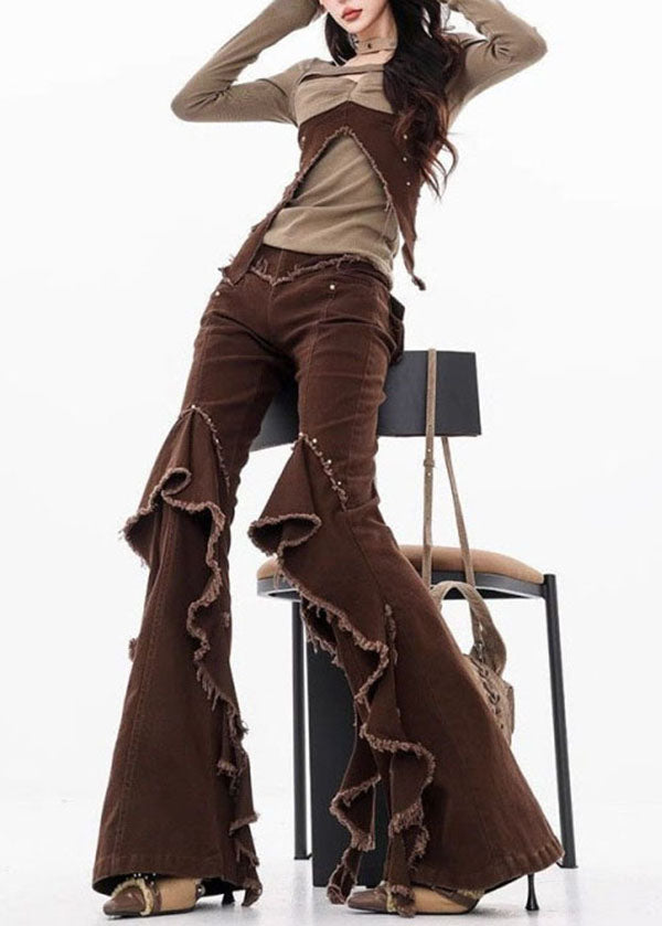 Unique Brown Tassel Ruffled Patchwork Denim Pants Fall