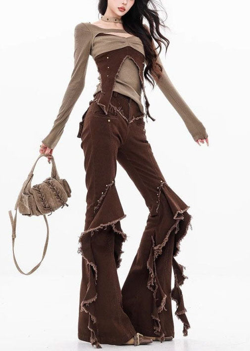 Unique Brown Tassel Ruffled Patchwork Denim Pants Fall