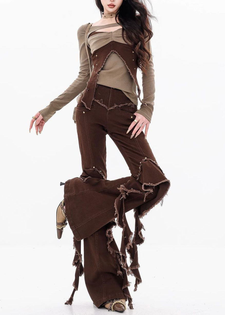 Unique Brown Tassel Ruffled Patchwork Denim Pants Fall