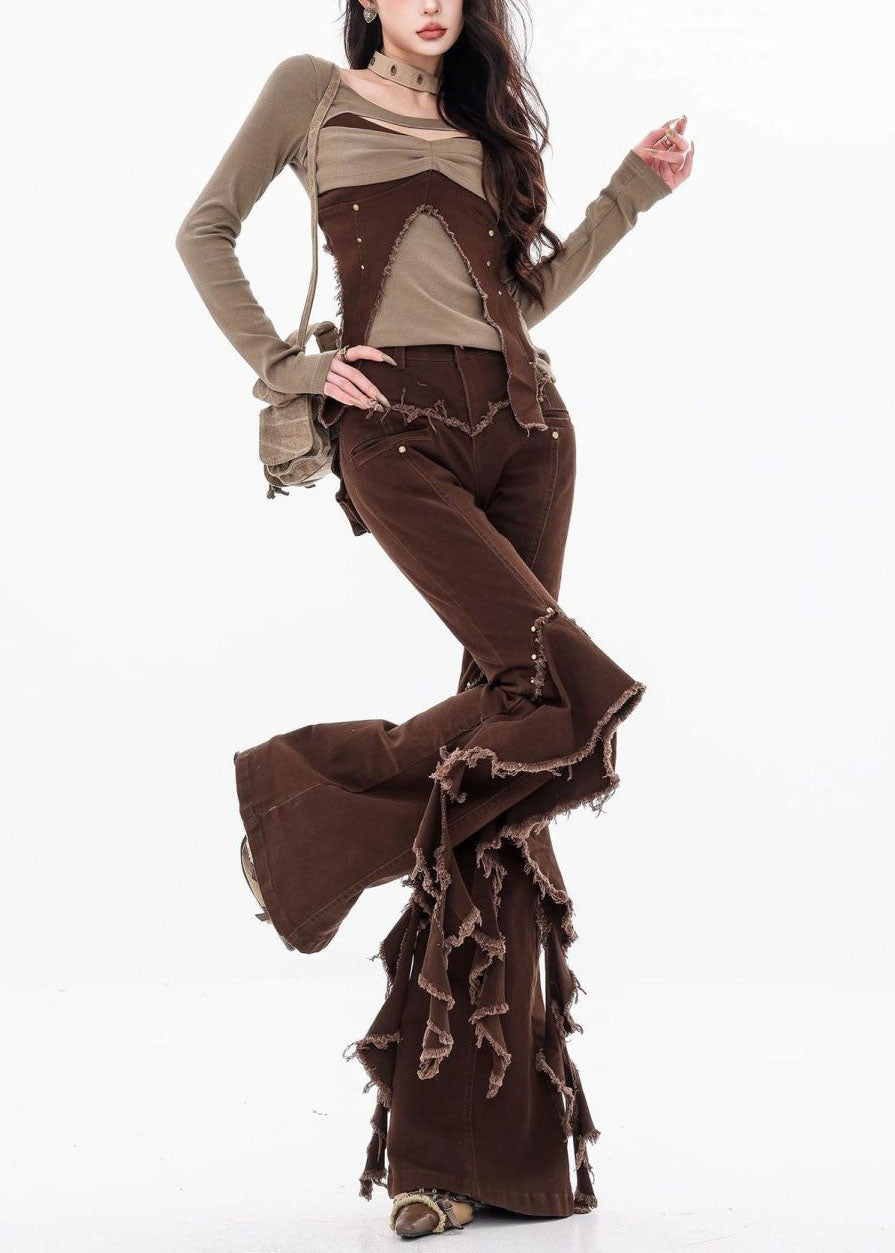 Unique Brown Tassel Ruffled Patchwork Denim Pants Fall