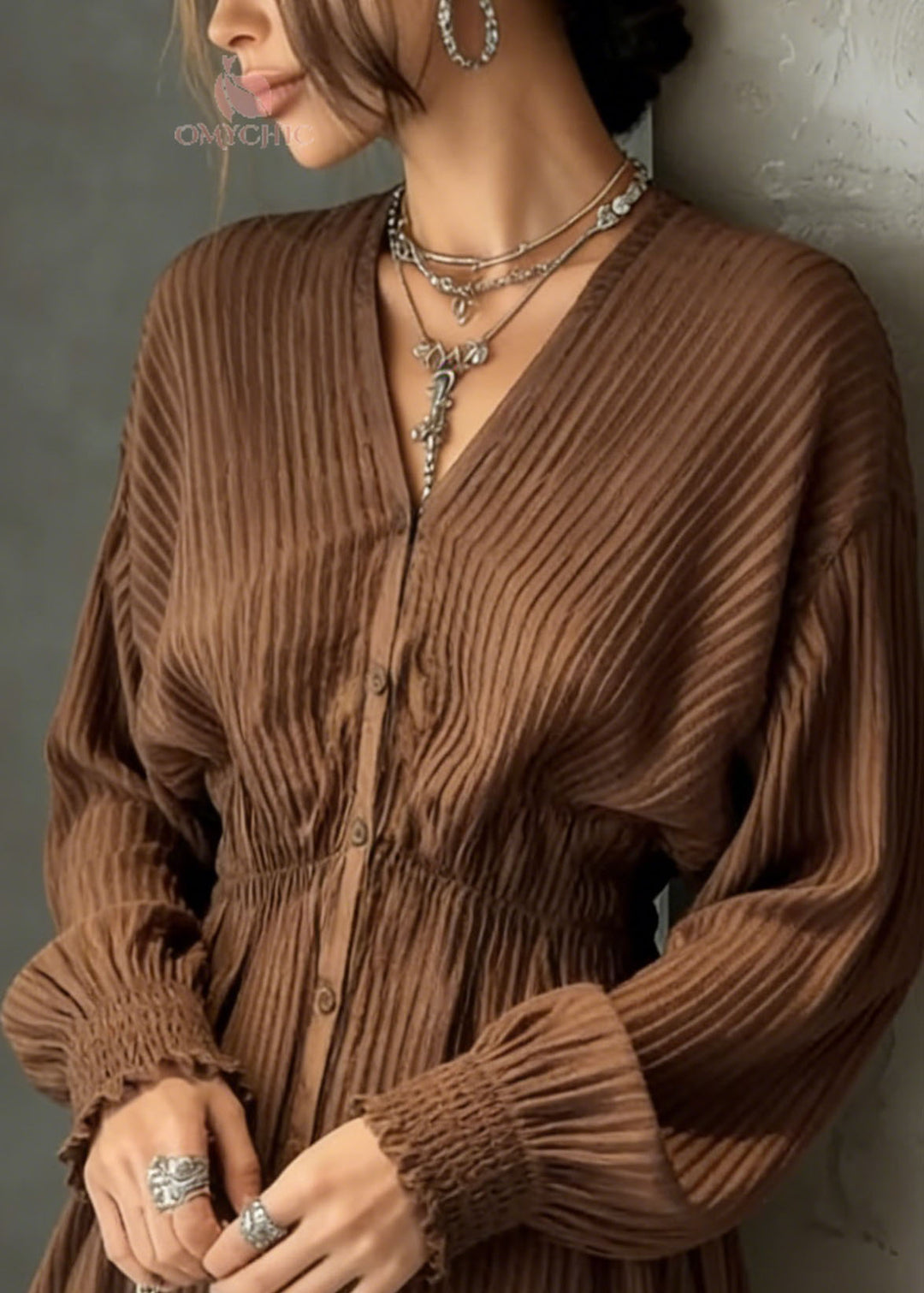 Unique Brown V Neck Button Wrinkled Cotton Shirt Spring