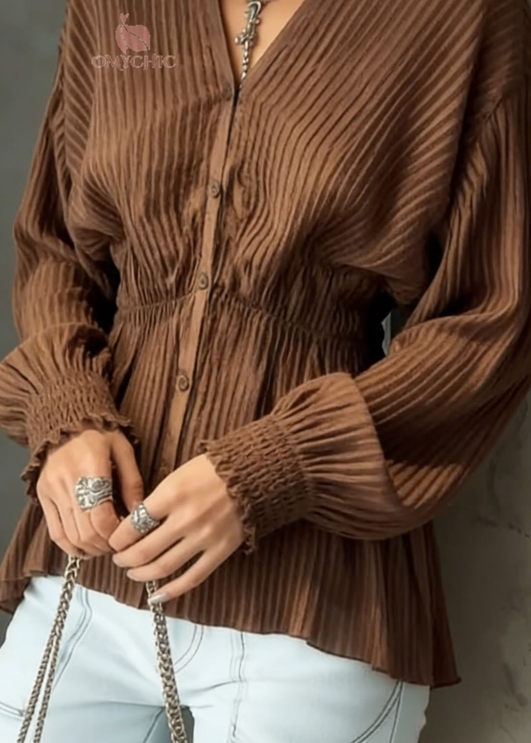Unique Brown V Neck Button Wrinkled Cotton Shirt Spring