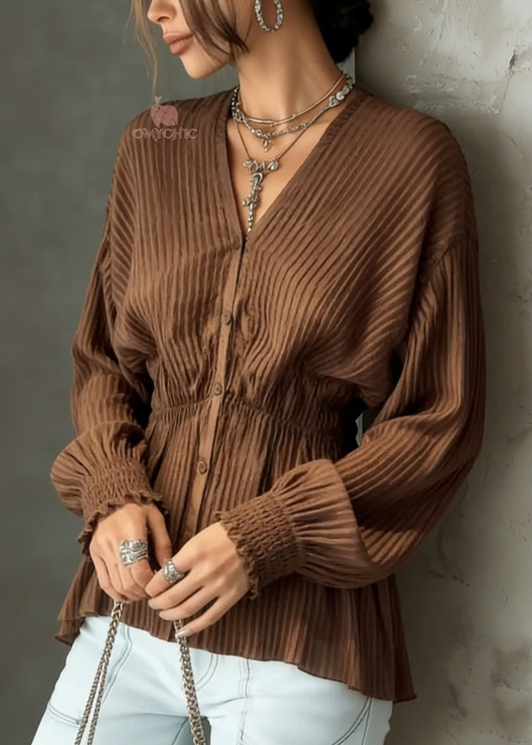 Unique Brown V Neck Button Wrinkled Cotton Shirt Spring