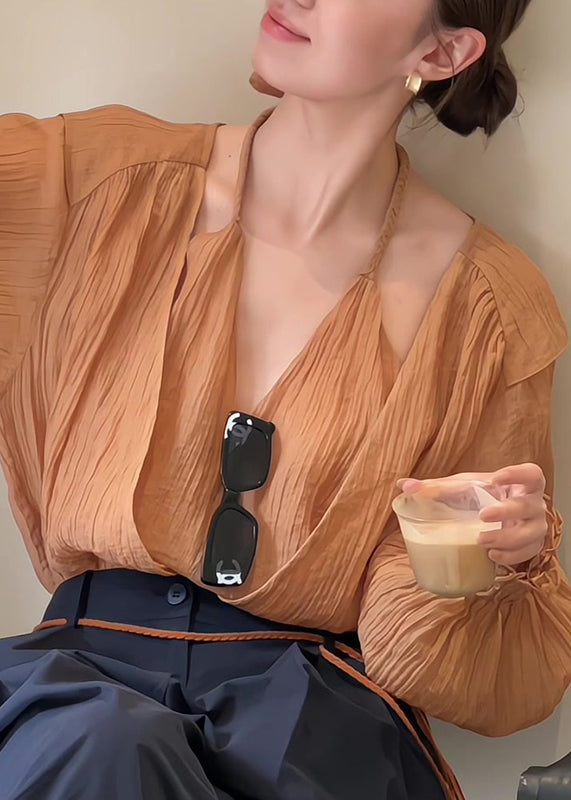 Unique Caramel False Two Pieces Patchwork Cotton Tops Spring