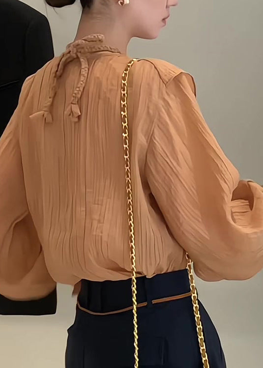 Unique Caramel False Two Pieces Patchwork Cotton Tops Spring