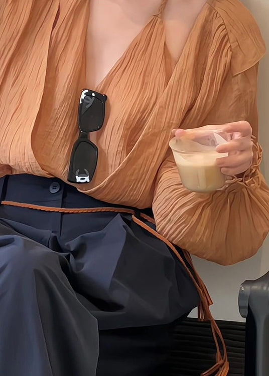 Unique Caramel False Two Pieces Patchwork Cotton Tops Spring