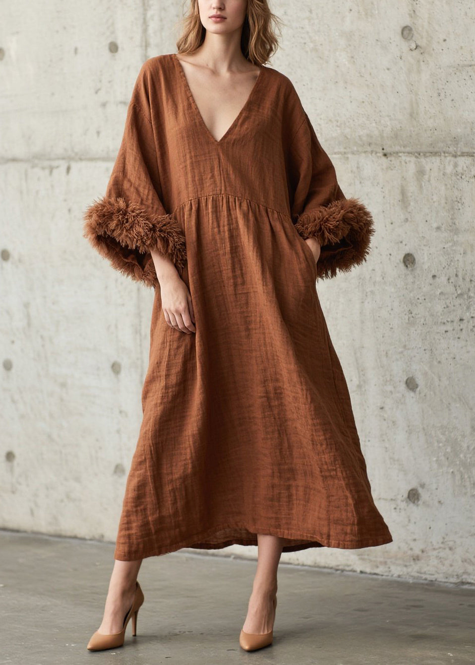 Unique Caramel Oversized Patchwork Faux Fur Dress Flare Sleeve