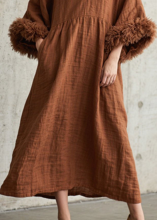 Unique Caramel Oversized Patchwork Faux Fur Dress Flare Sleeve