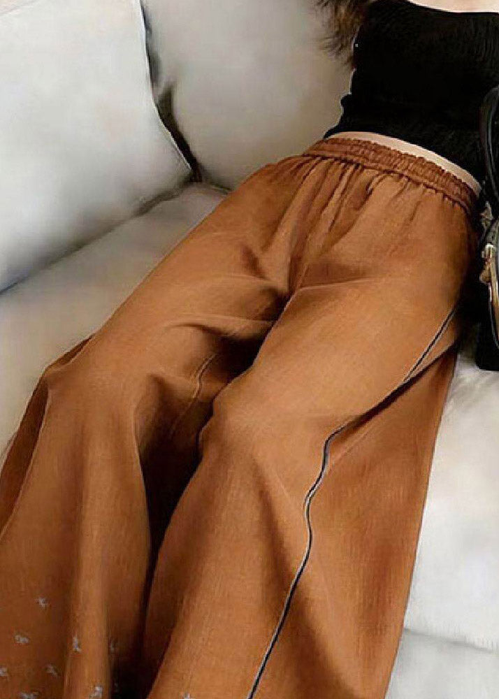Unique Caramel Print Patchwork Elastic Waist Wide Leg Pants