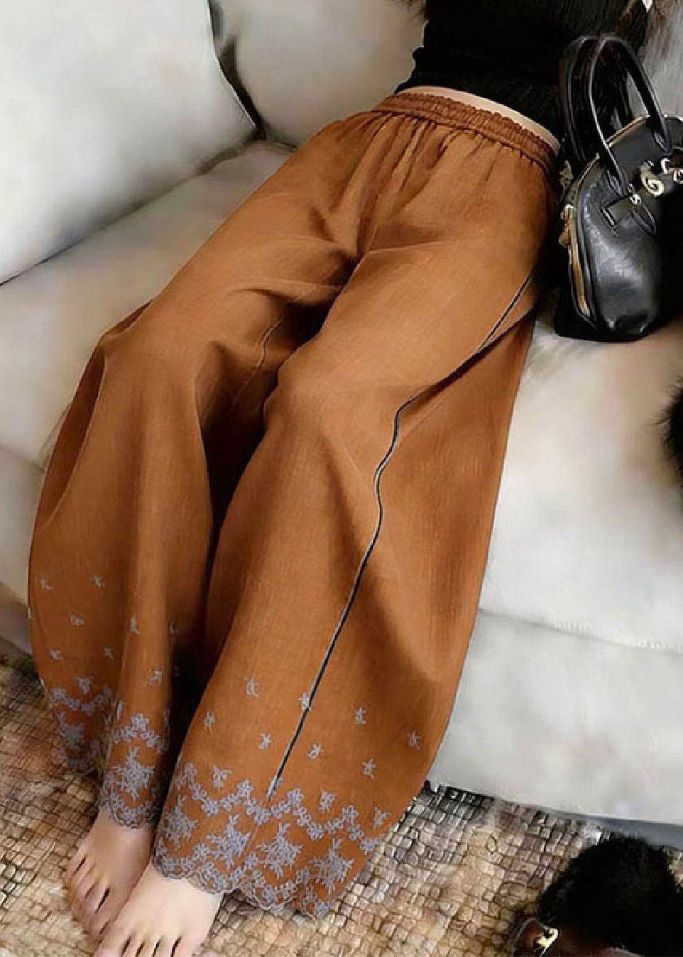 Unique Caramel Print Patchwork Elastic Waist Wide Leg Pants