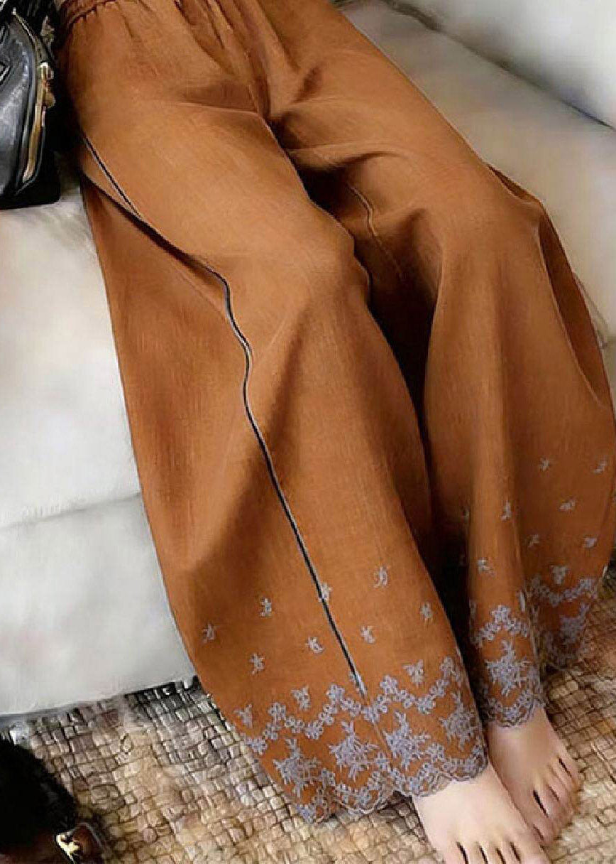 Unique Caramel Print Patchwork Elastic Waist Wide Leg Pants