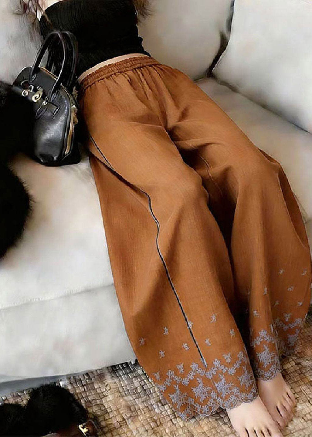 Unique Caramel Print Patchwork Elastic Waist Wide Leg Pants