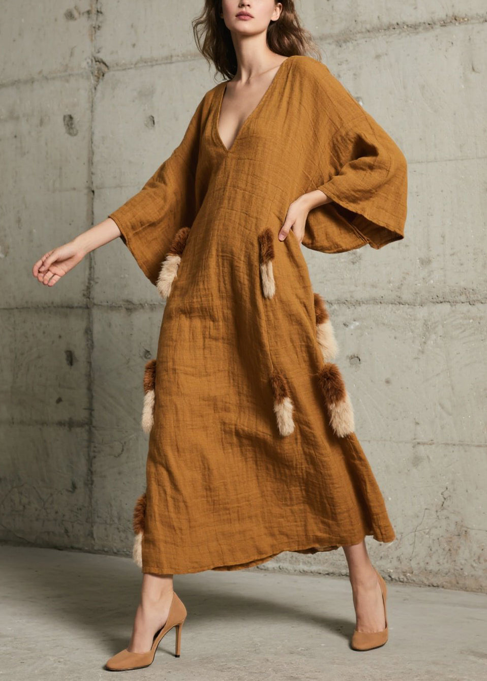 Unique Caramel V Neck Patchwork Faux Fur Robe Dresses Fall